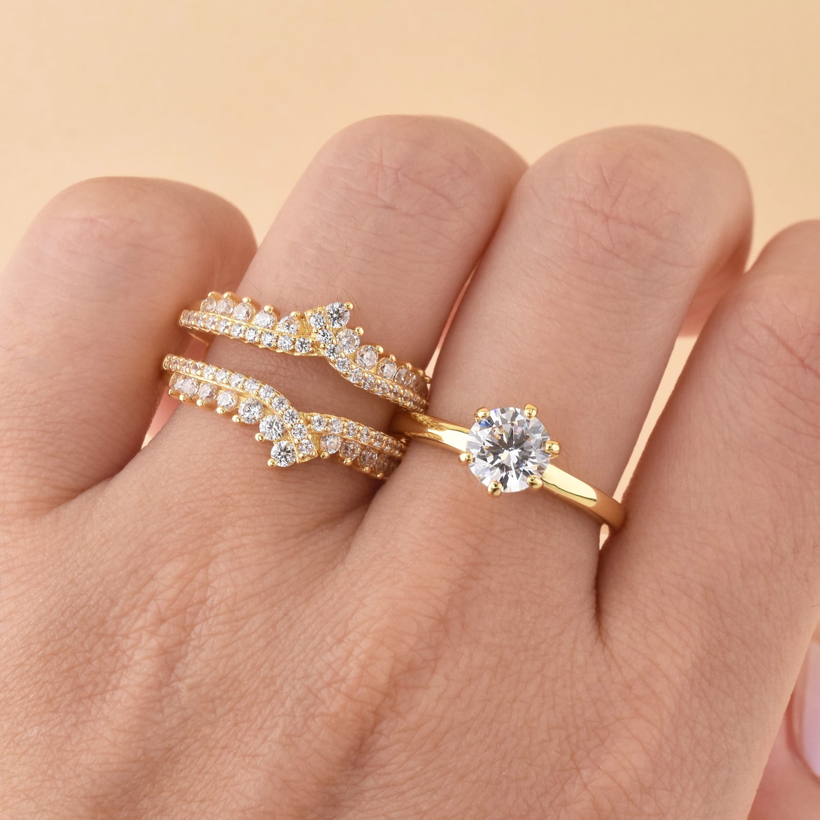 Newshe Jewellery Wedding Rings for Women Ring Enhancer Band Bridal Set Sterling Silver Yellow Gold Plated Cz Size 5.5