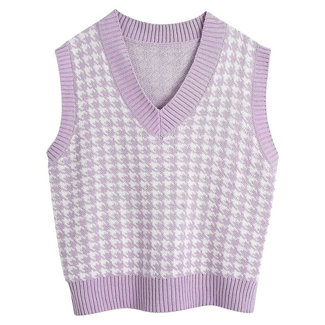 Women Casual Print Sleeveless V Neck Ribbed Knit Split Pullover Sweater Vest Blouse