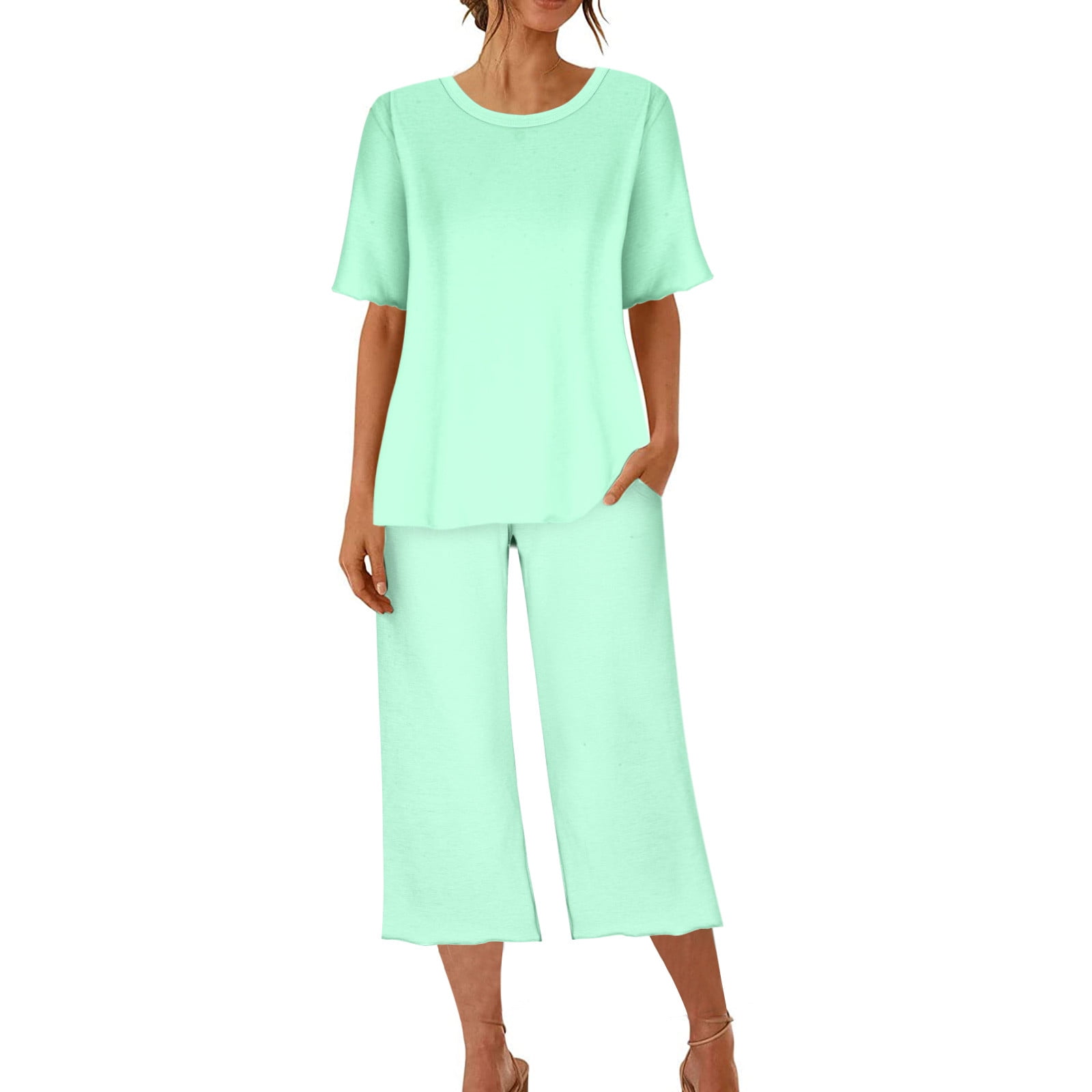 BONIXOOM Womens Pajamas Matching Christmas Pajamas Loungewear Tie Short Sleeve Sleepwear Sets Solid Mint Green XL