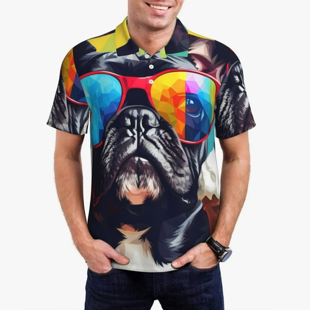 Balery Rainbow Bulldog Sunglasses Camisa Polo de Hombre con Estampado, de Manga Corta y Tejido Medio, Camisa Tipo Golf Polo-Small
