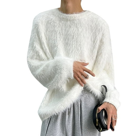 INCERUN Mens Fluffy Faux Fur Jumper Sweater Long Sleeve Winter Casual Loose Pullover