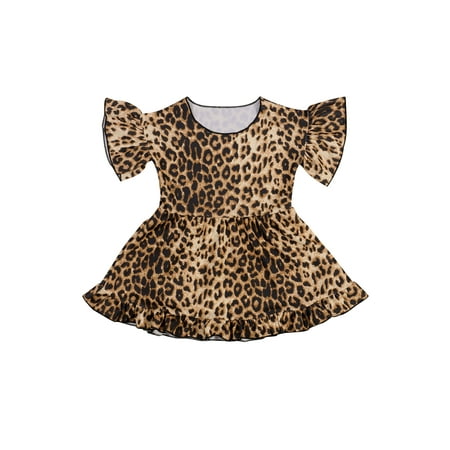 

Baby Girls Loose Leopard Print Short Sleeve Round Neck Ruffle Dress