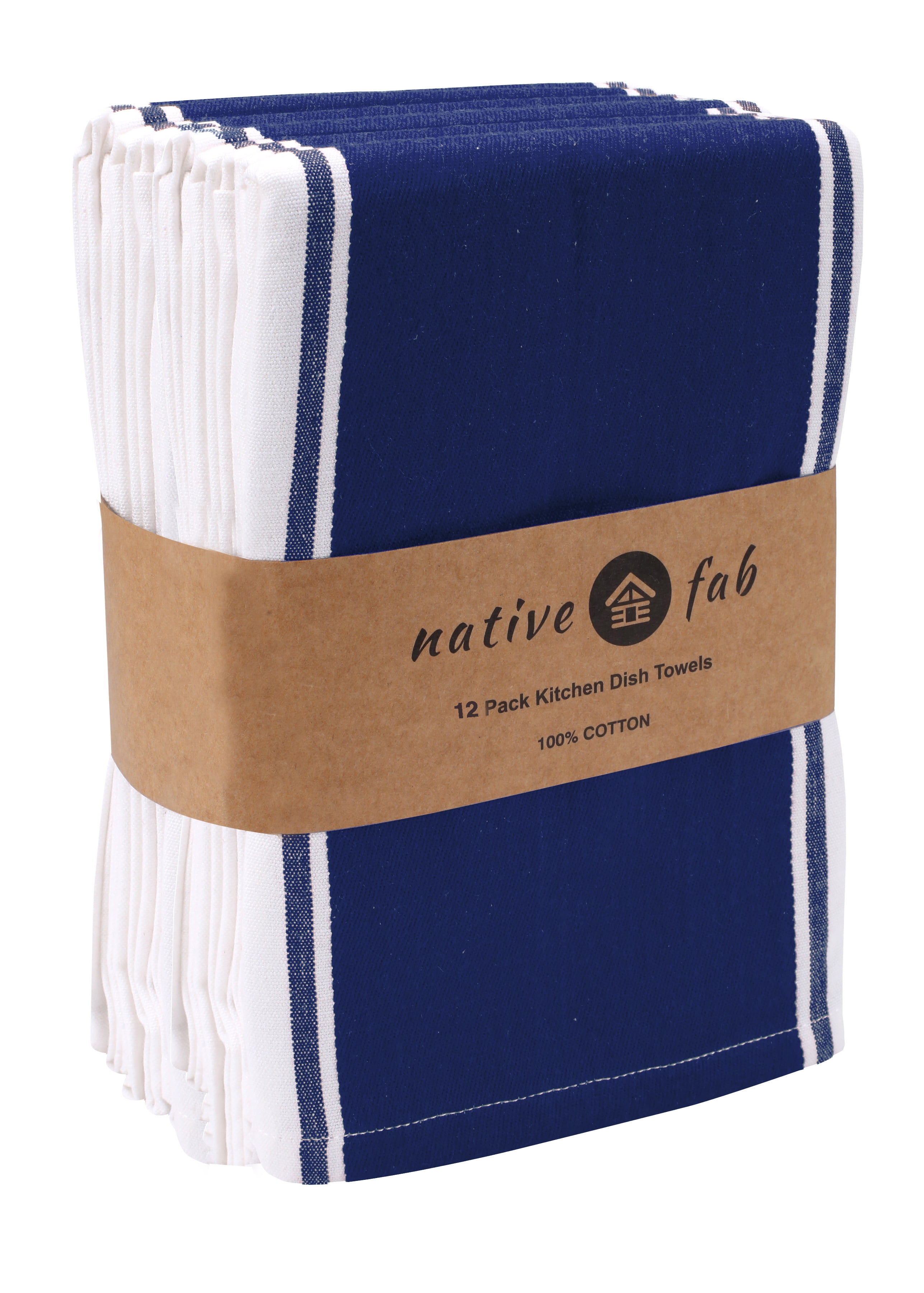 Native Fab Stripe Kitchen Dish Towel Set of 12 Cotton 18x28 Ink Blue White