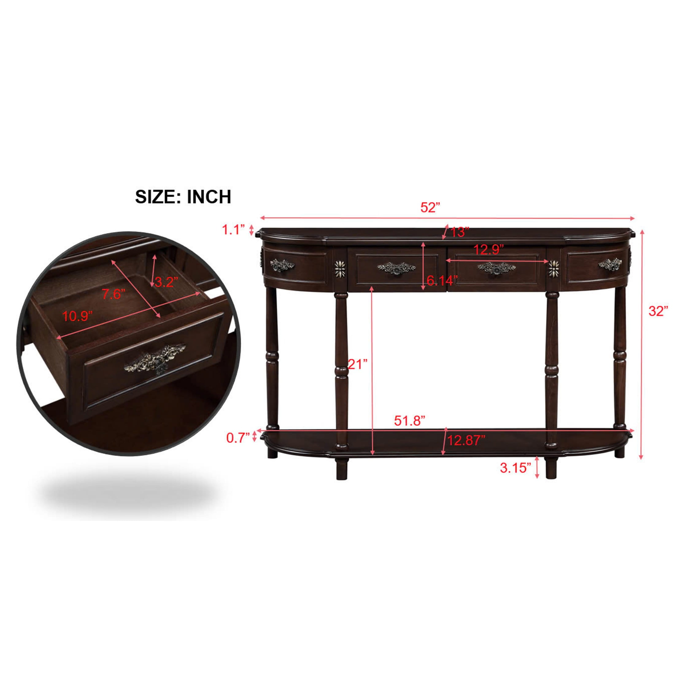 Aukfa Console Table, 52" Retro Half Moon Sofa Table with 2 Drawers and Shelf for Living Room/Hallway, Espresso