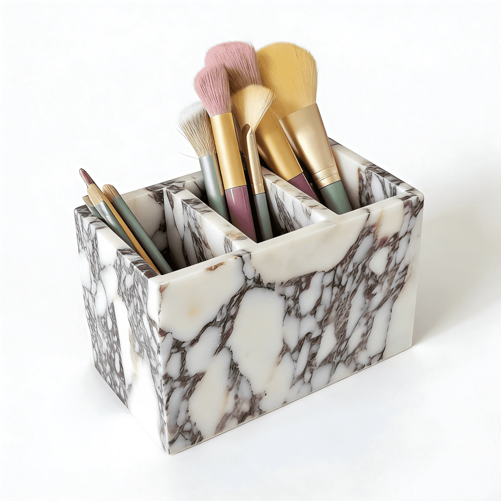 Artisanal Abode Marble Pen Holder, White Stone Rectangular Desktop Organizer, Office Study Makeup Brush Storage, Home Desk Decor, Minimalist Design, Durable Marble Accessory