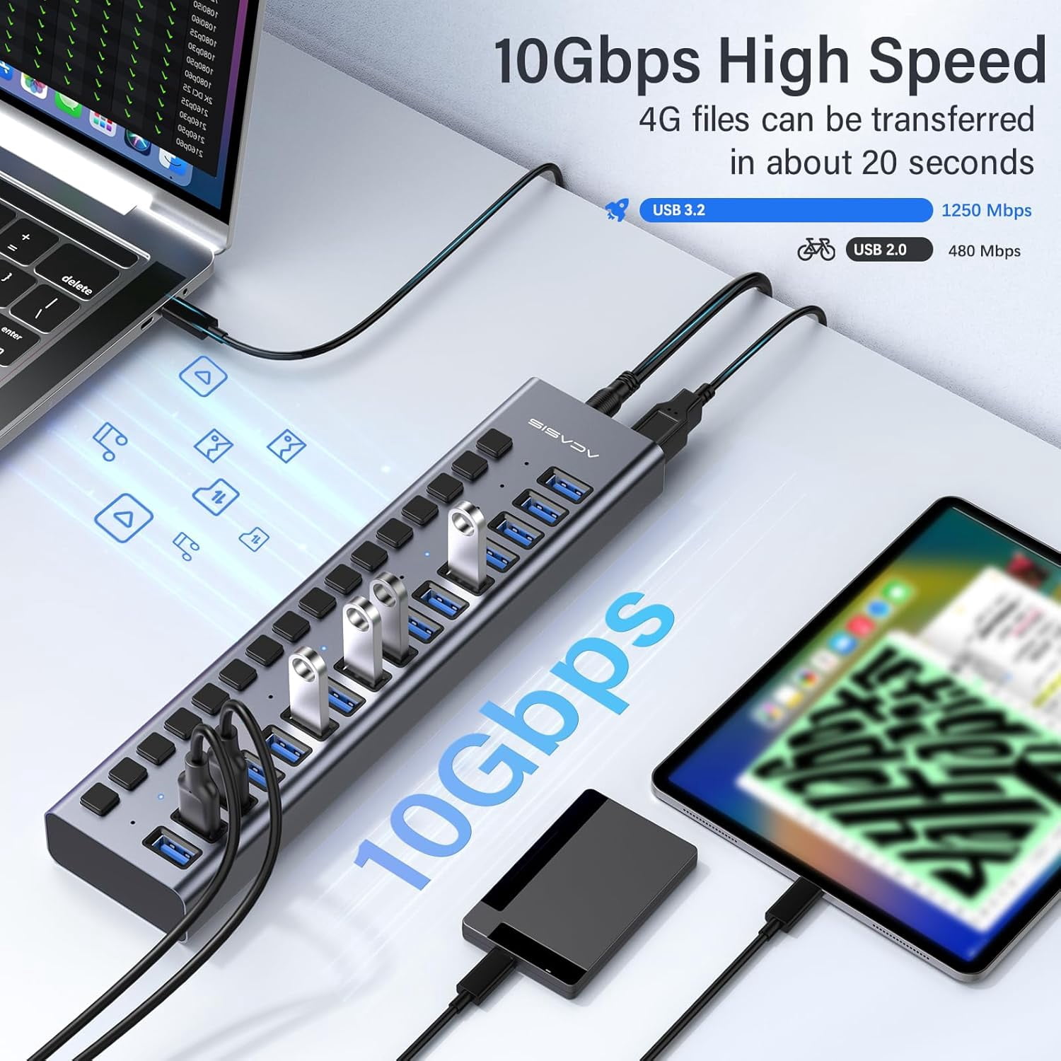 Powered USB 3.2 Hub, 16 Ports USB 3.2 Hub with 10Gbps Data Speed，Aluminum Housing, USB Hub Powered with 96W Power Adapter, USB Hub for PC/Laptop, Computer, Flash Drive, Printer, Camera
