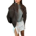 thumbnail image 2 of Women'S Faux Leather Motorcycle Jacket Oversized Zip Up Winter Coat Outerwear Fall Fashion Clothes Coffee Color M, 2 of 9
