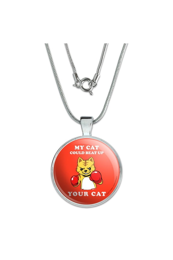 My Cat Could Beat Up Your Cat Boxing Gloves Funny Humor 1" Pendant with Sterling Silver Plated Chain