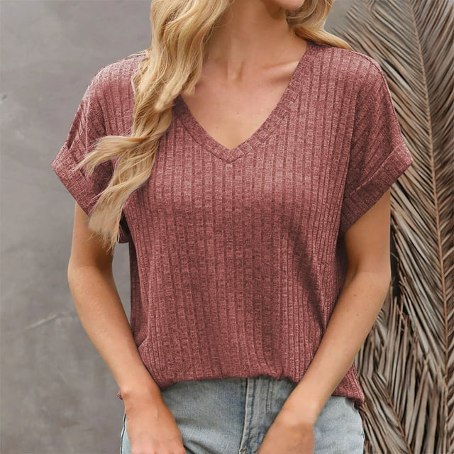 Women’s V Neck Ribbed Knit T-Shirt - Soft Short Sleeve Casual Top, Solid Color Basic Stretch Fit