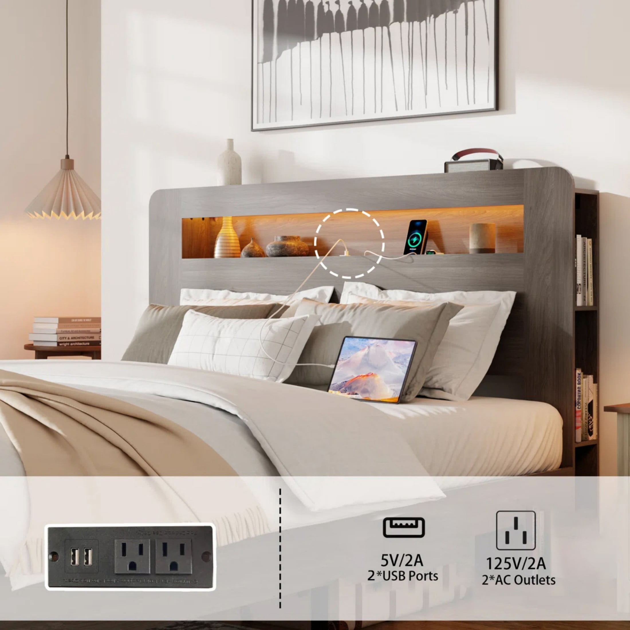 BSHTI Bed Frame with 2-Tier Storage Headboard, Wood Platform Bed Frame with Built-in Charging Station & LED, Queen Size, Vintage Grey, Platform Wood Bed for Bedroom