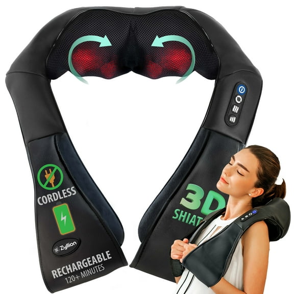 Zyllion Rechargeable Shiatsu Neck & Back Massager 3D Kneading Deep Tissue Massage with Heat for Muscle Pain, Black