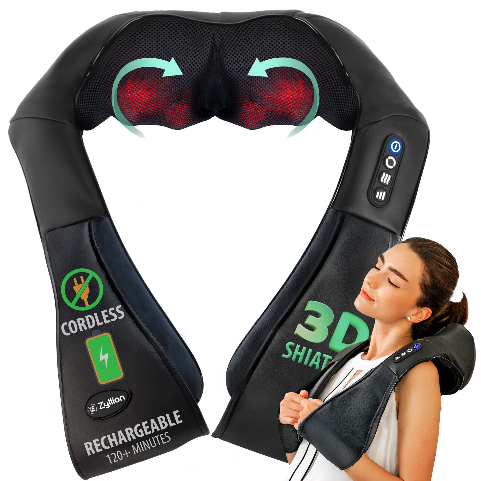 Zyllion Rechargeable Shiatsu Neck & Back Massager 3D Kneading Deep Tissue Massage with Heat for Muscle Pain, Black