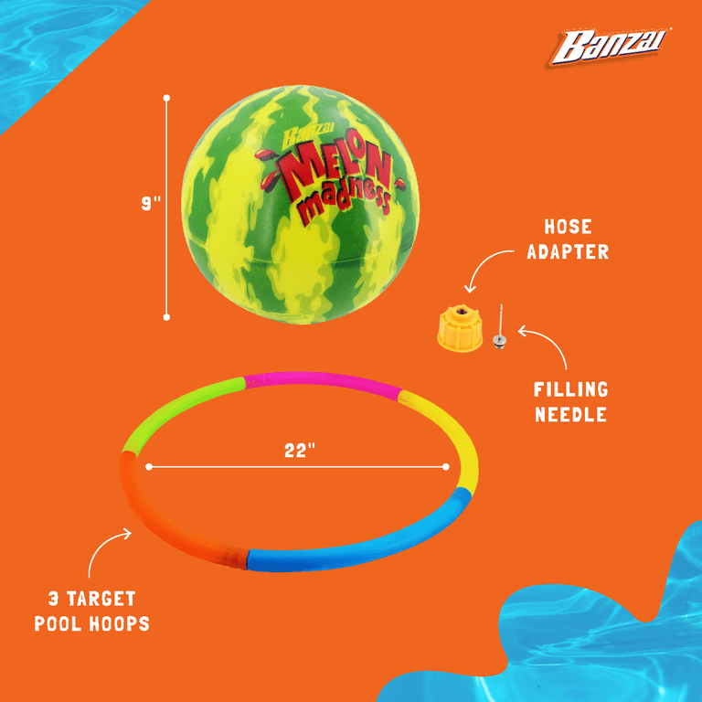 Banzai Melon Madness Pool Game – Underwater Ball & 3 Hoops Set, Water-Filled, Hose Adapter Included