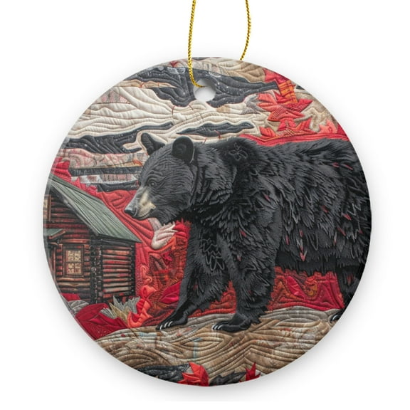 Black Bear Walking In Front of Old Log Cabin - Christmas Ornament Xmas Keepsake Ceramic Ornaments Holiday Decorations for Tree Christmas Gift Ideas 2.95in
