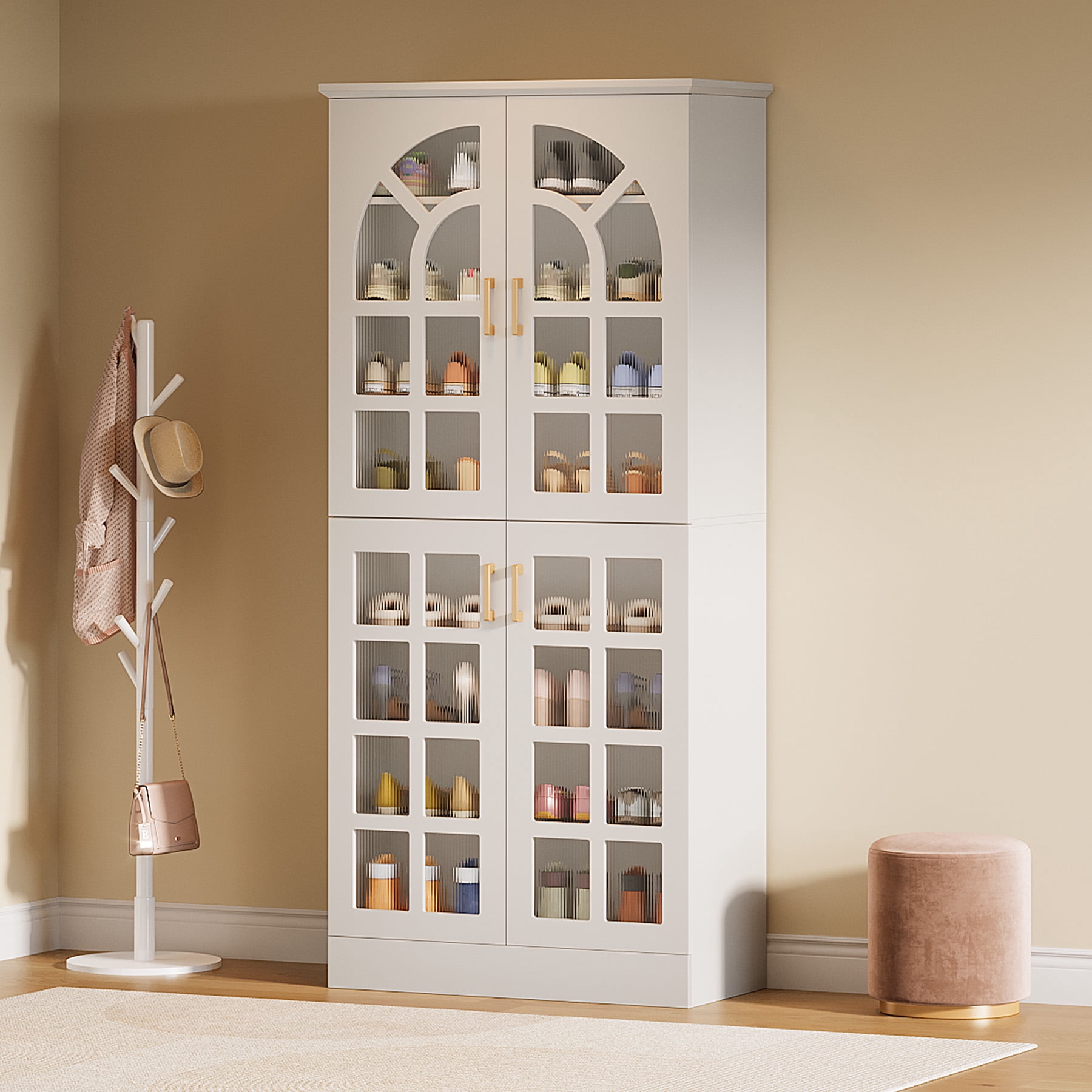 Tribesigns 8-Tier Shoe Cabinet with Doors and Led Lights, 76" Tall Shoe Rack Organizer with Adjustable Shelves for Entryway, Closet, Living Room, White