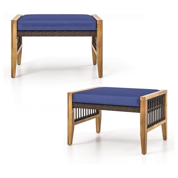 2 Pieces Outdoor Patio Ottomans, Acacia Wood Outdoor Footstools with Removable Cushions, Multifunctional Outdoor Wicker Footrest, Additional Sating, Navy