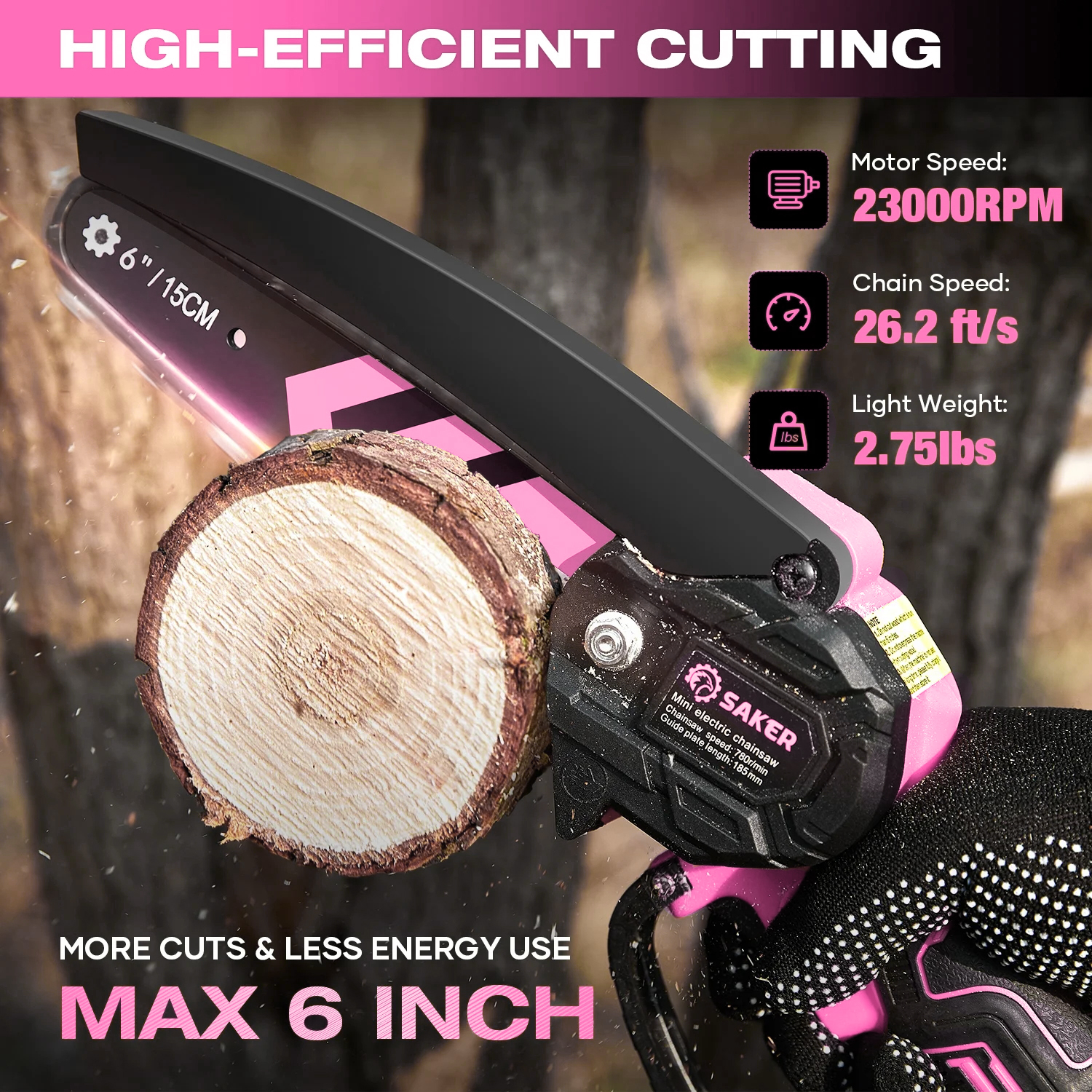 Saker Mini Chainsaw, 6-Inch Electric, Rechargeable, Cordless, Powered by 2x 22V 1500mAh Batteries, Includes 2 Chains, for Women & Elderly, Pink