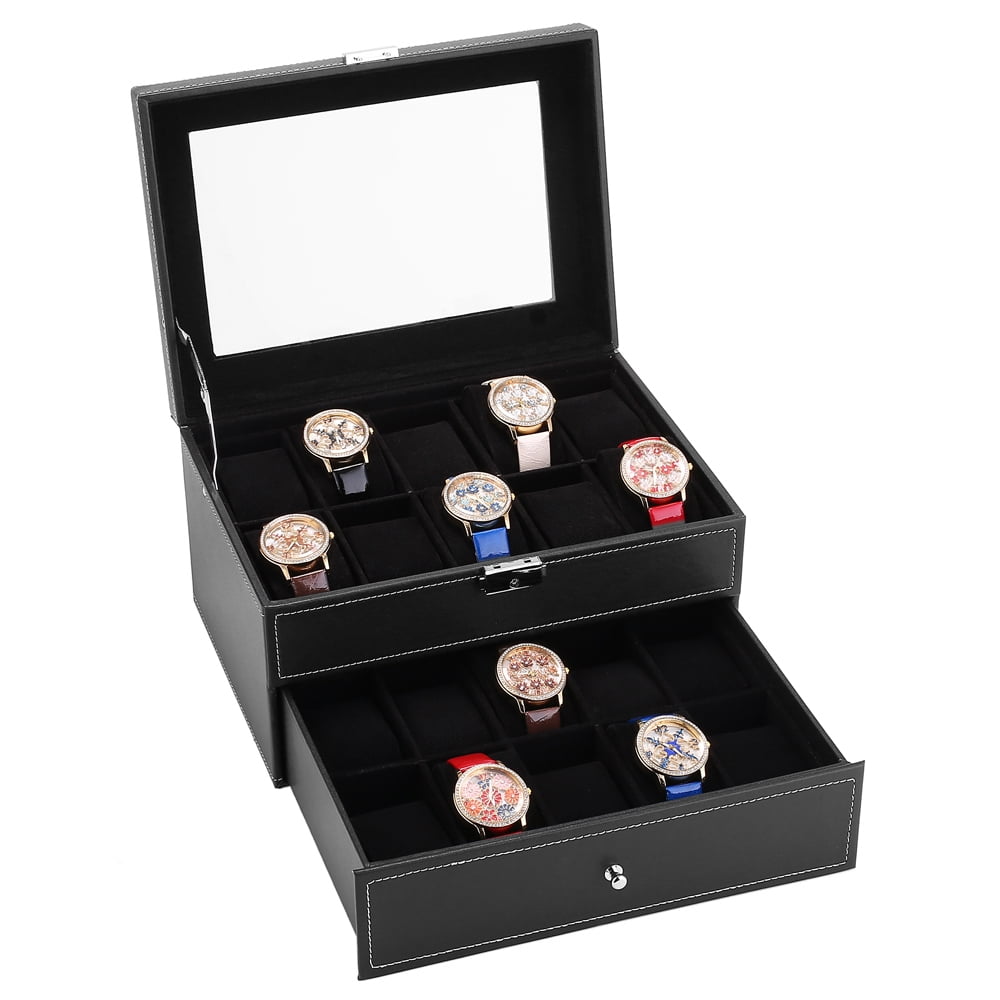 Kepooman 20 Slots Watch Box, Faux Leather Lockable Jewelry Display Case, Black