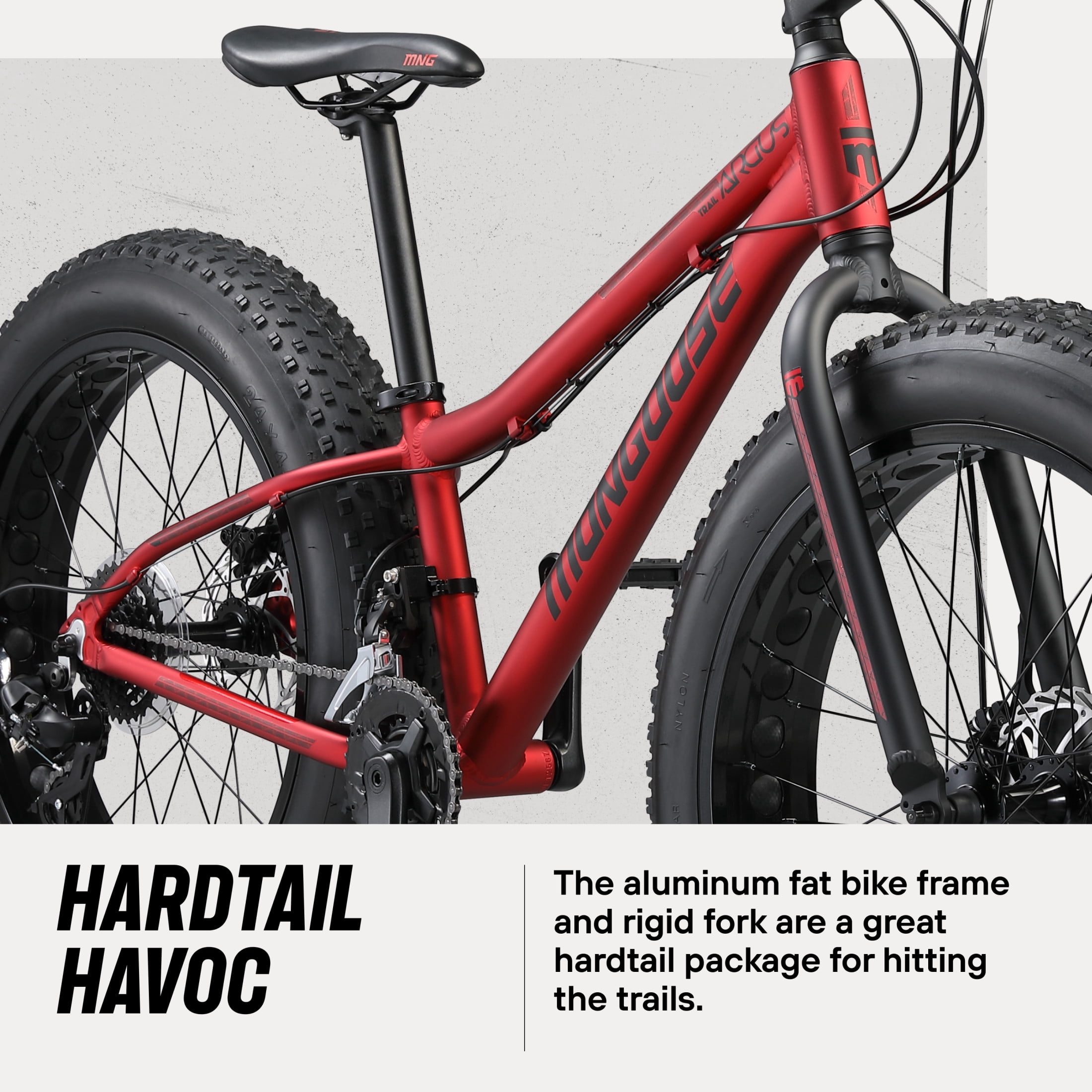 Mongoose Argus Trail Fat Tire Mountain Bike, 24 Inch Wheels, Ages 10 -15, Red