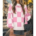 thumbnail image 6 of Women'S Fall Fashion Roll-Neck Long Sleeve Plaid Ribbed Knit Loose Pullover Sweater Tops Pink Checkered L, 6 of 9