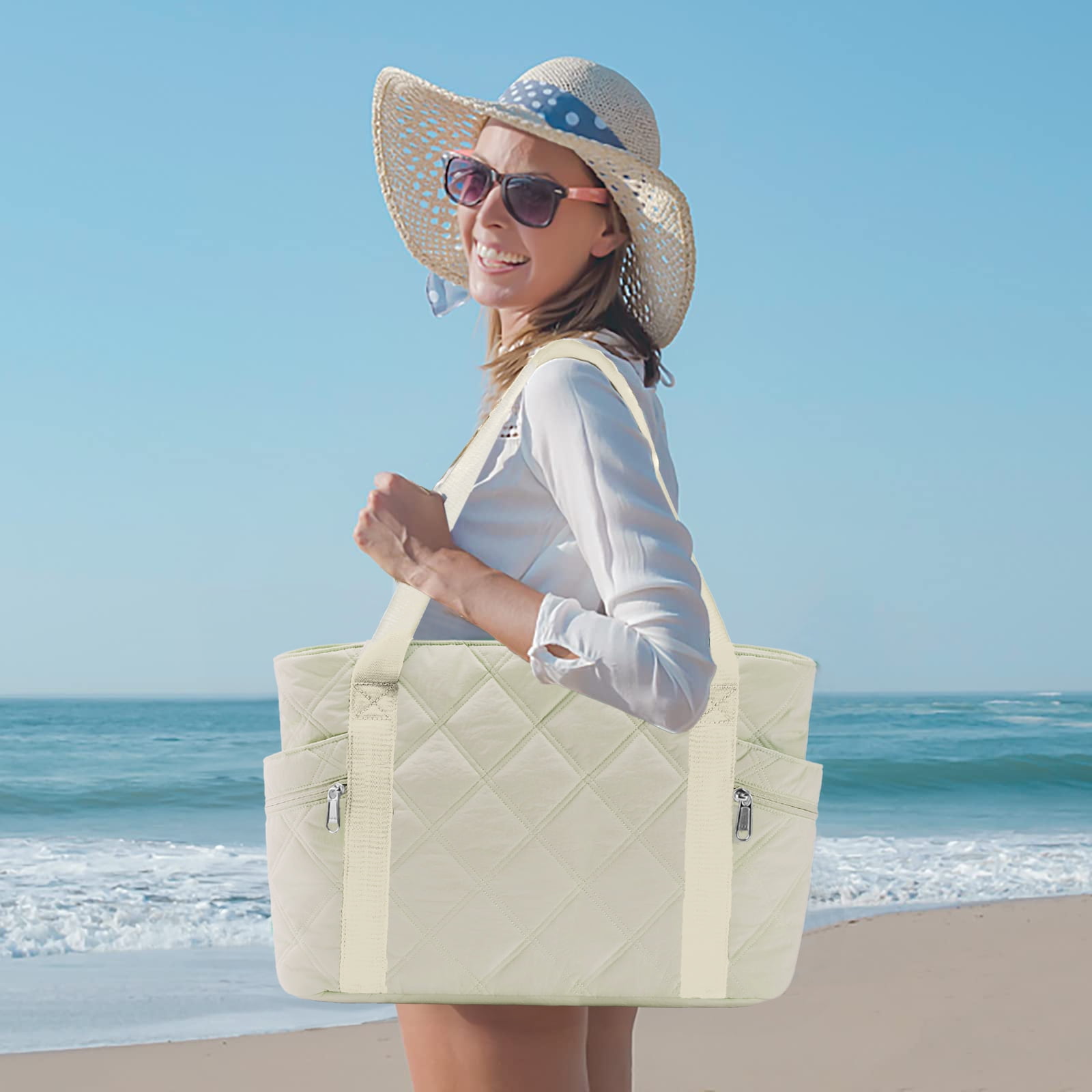 Gynky Tote Bag for Women Travel Bags Quilted Carry On Shoulder Bag for Travel Gym Weekend, Beige
