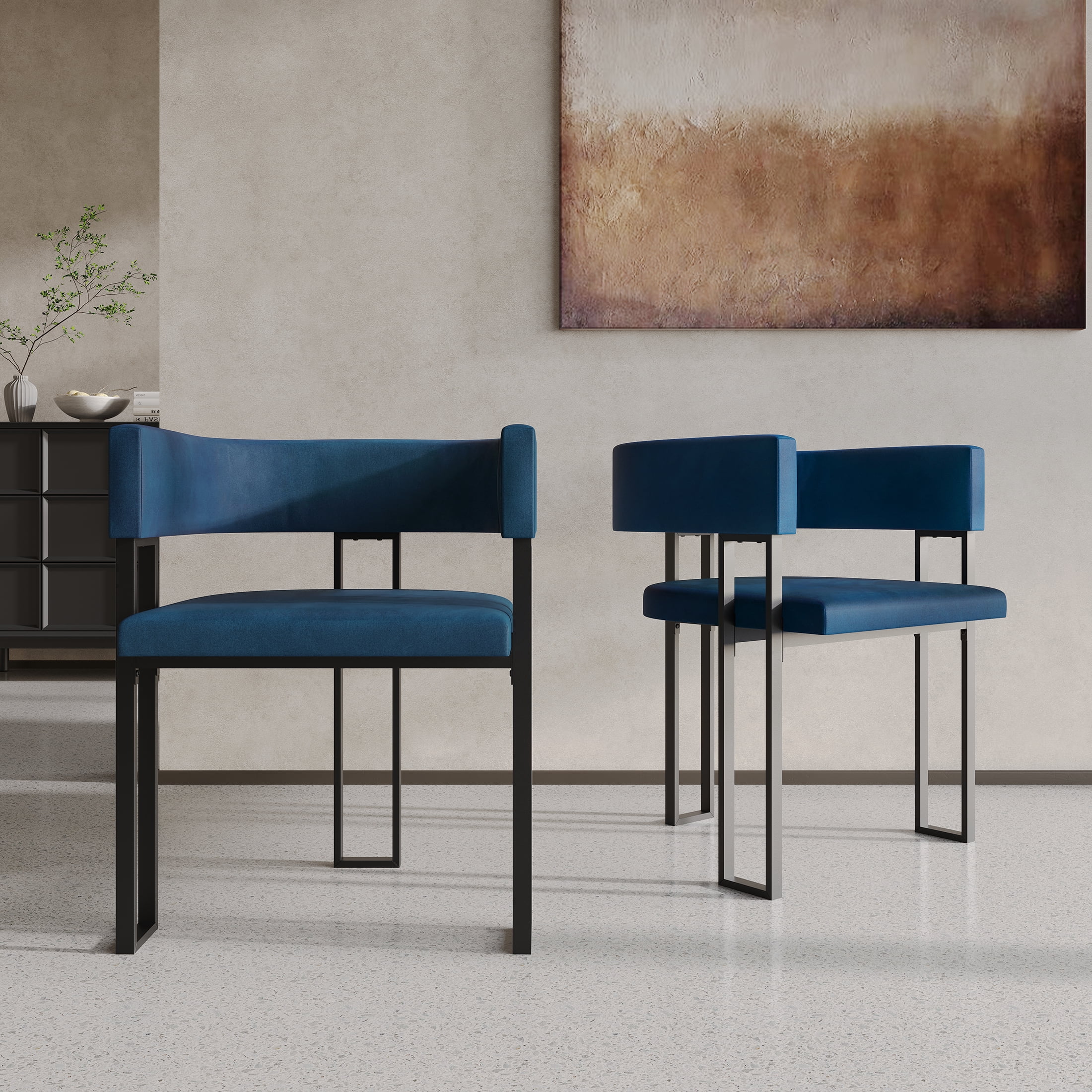 Castle Place Minimalist Black Metal Dining Chair, Navy Blue Velvet