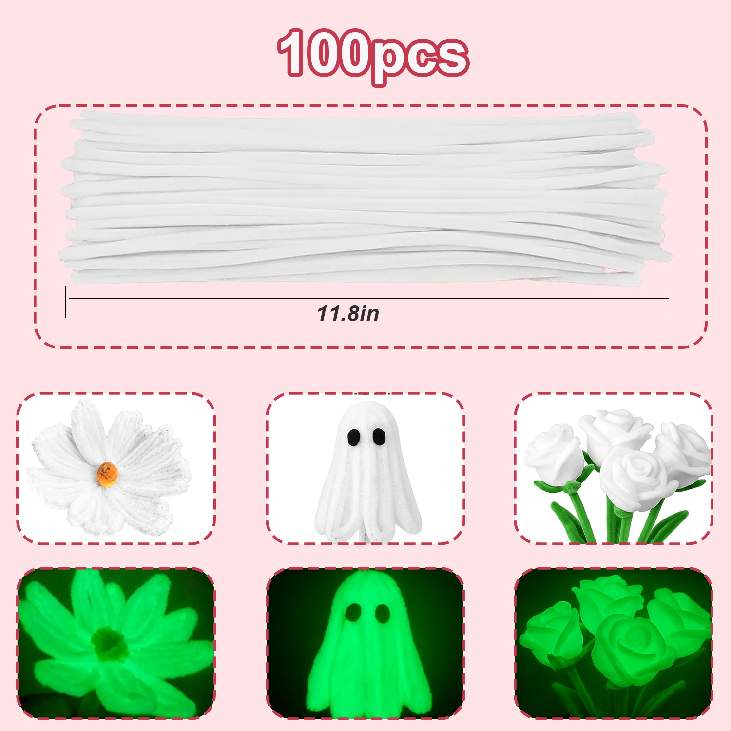 100PCS Glow in The Dark Pipe Cleaners Luminous Pipe Cleaners DIY Art Supplies and Craft Projects Creative Gift