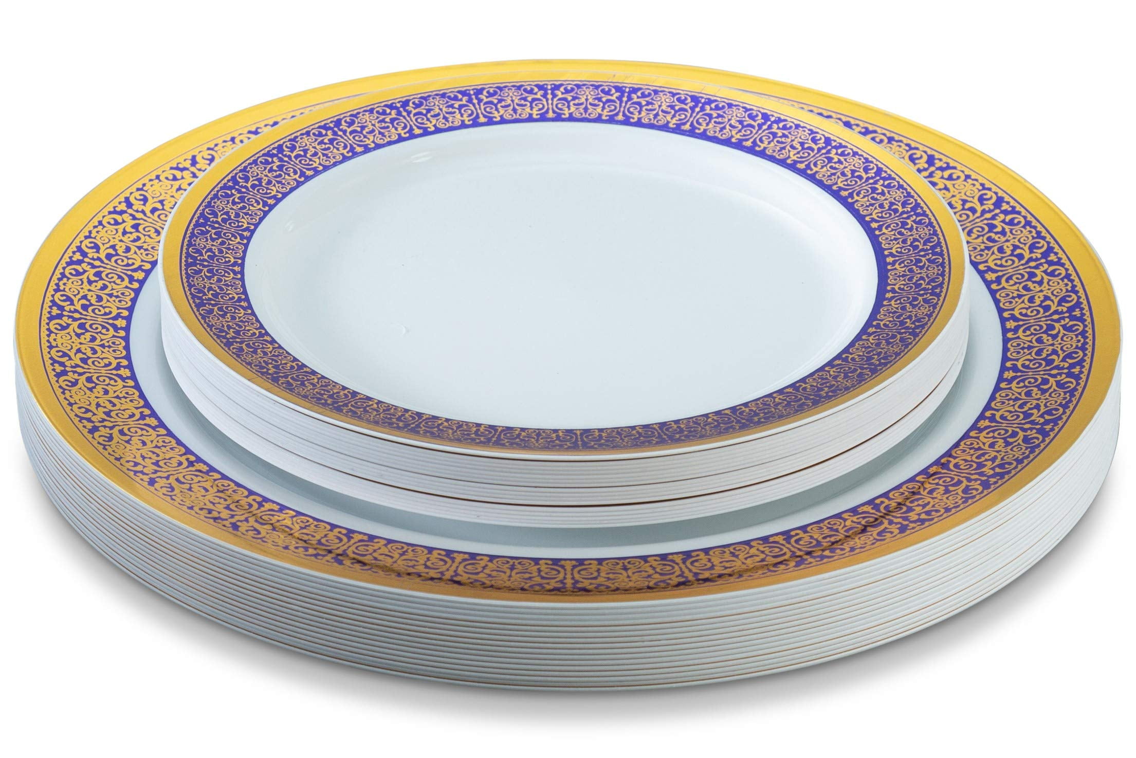 32 Piece Blue and Gold Plastic Plates Set, Elegant Plastic Dinnerware