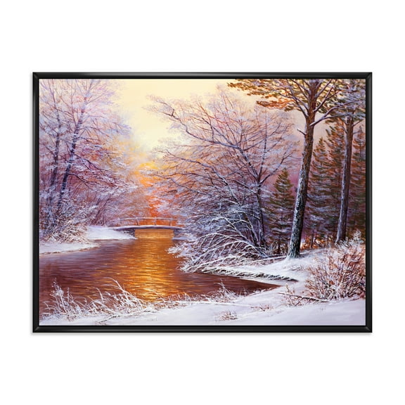 Designart 'Christmas Forest With Trees and River II' Traditional Framed Canvas Wall Art Print