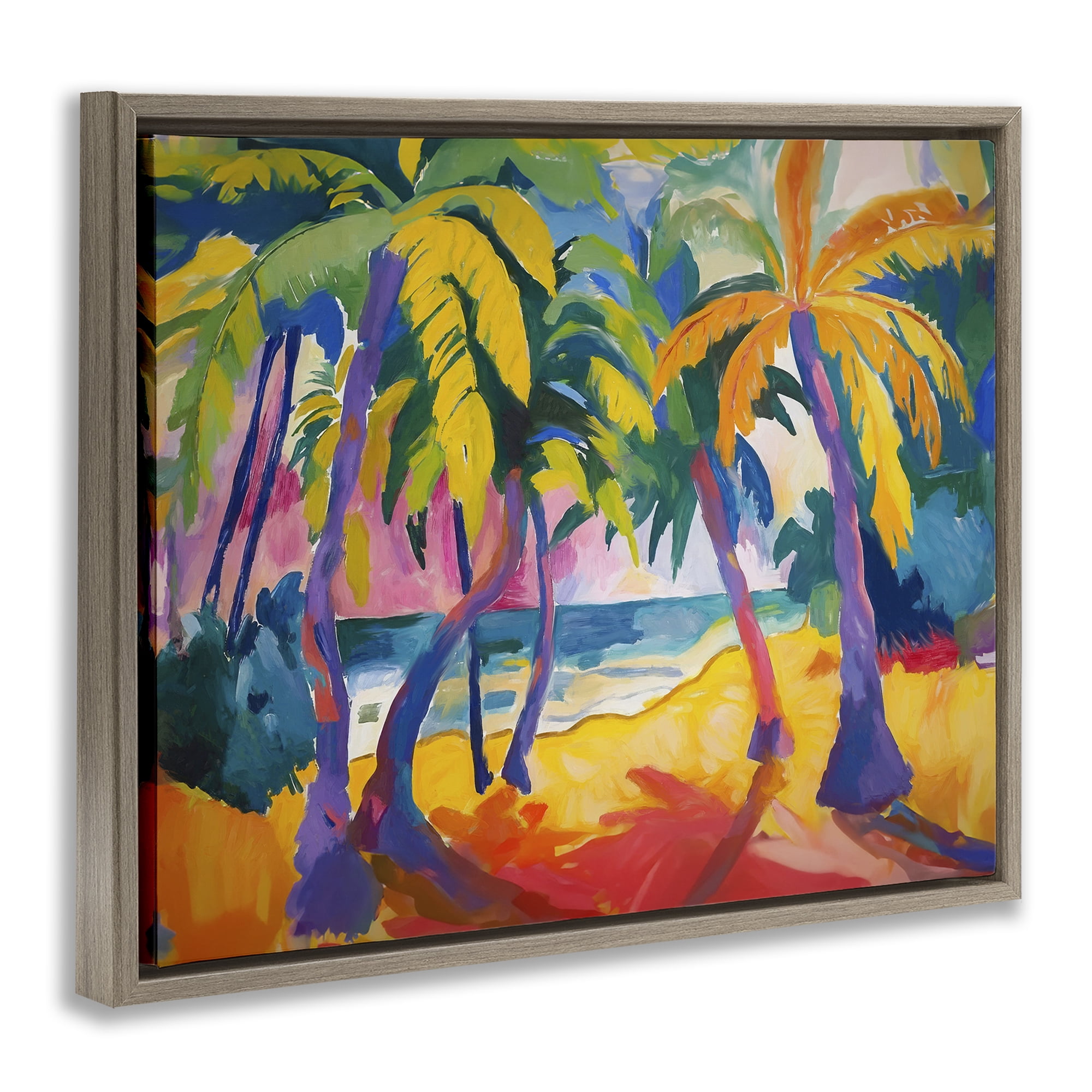 Stupell Industries Tropical Palm Paradise Coastal Painting Brown Floater Framed Canvas Art Print Wall Art, 21 x 17