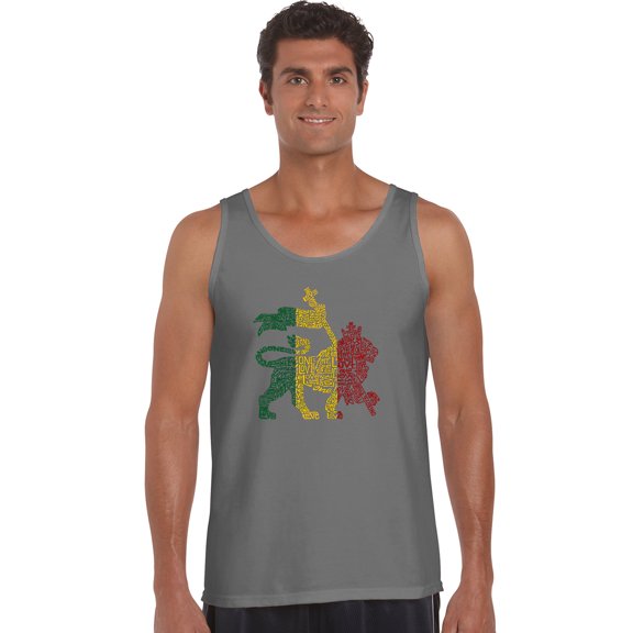 LA Pop Art Men's Word Art Tank Top - Rasta Lion - One Love