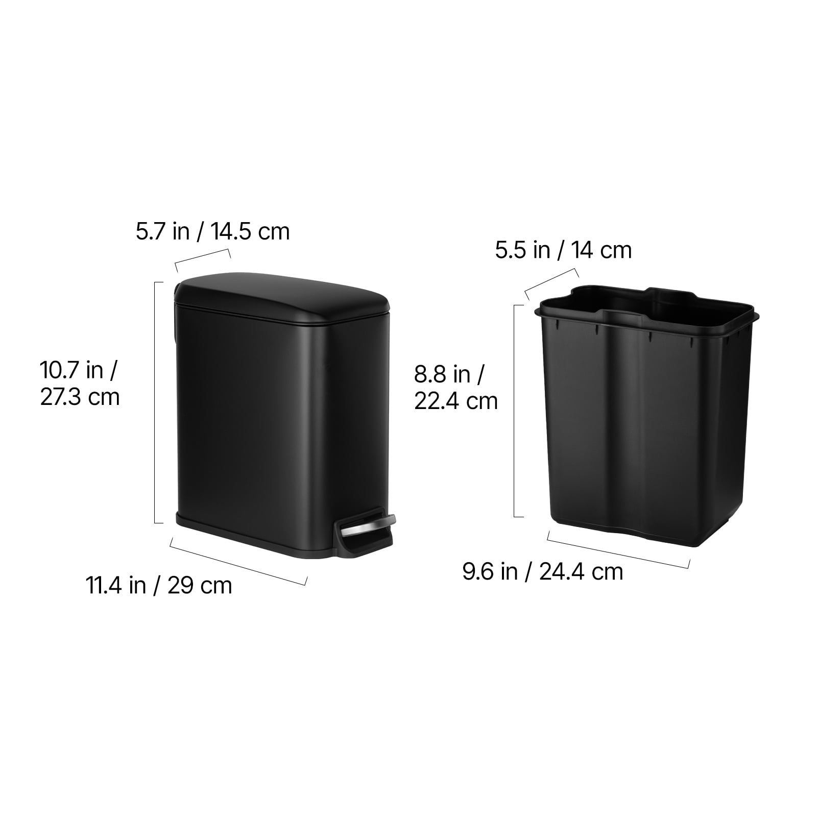 KFFKFF Slim Bathroom Trash Can, 11.4 x 5.71 x 10.7 Inch Compact Trashcan with Step Pedal & Quiet-Close Lid, 6L Steel Bin with Removable Inner Container, for Kitchen, Home, Dorm, Office, Black