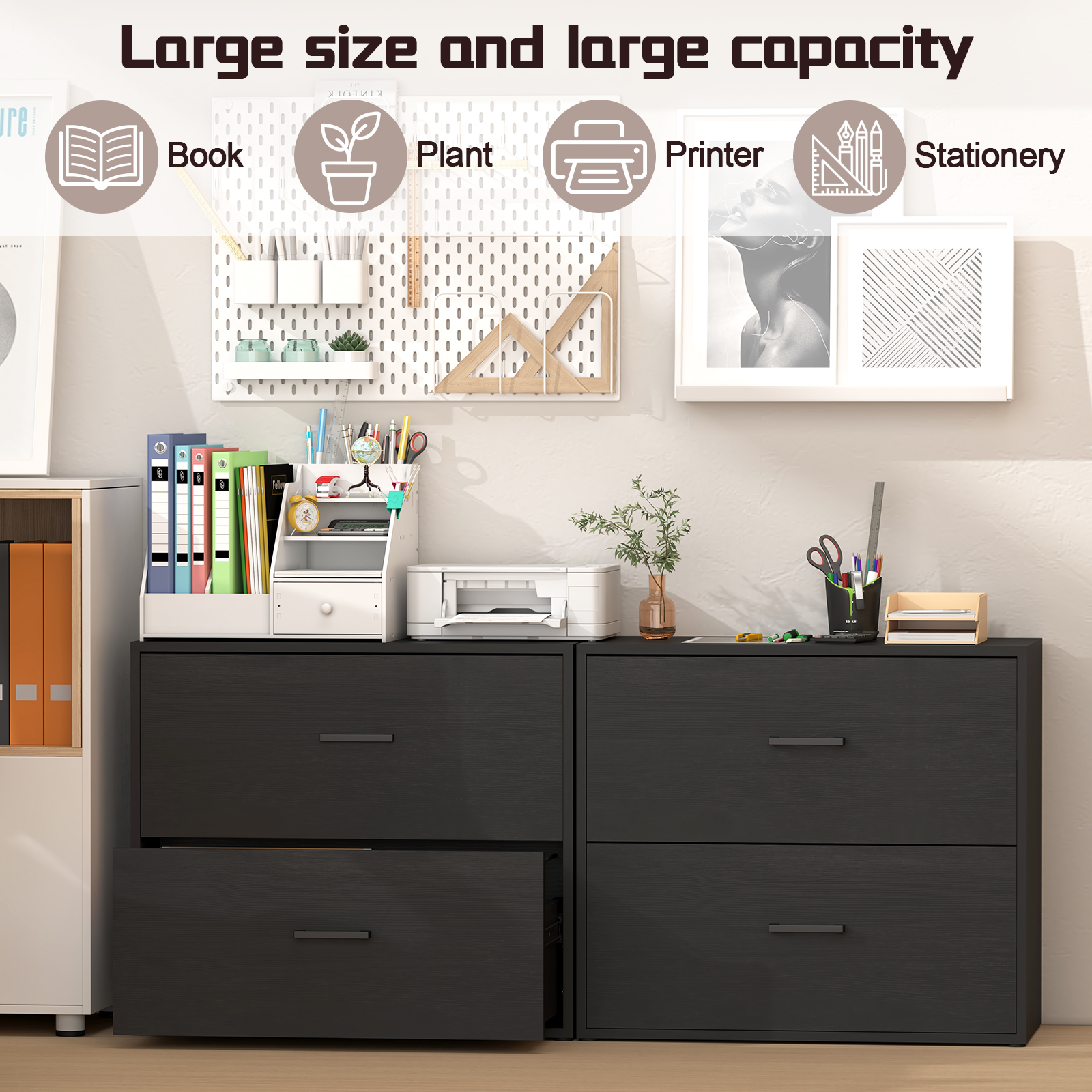 Marcree Lateral File Cabinet, Wood Black File Cabinet with Hanging Bars for Letters, Horizontal File Cabinets for Home Office, Black