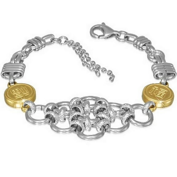 Stainless Steel Two-Tone Interlocking Circles Chinese Letters Bracelet