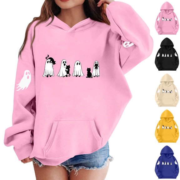 MexChoioe Boys and Girls Halloween Hoodie Hooded Sweatshirt Ghost Graphic Print Long Sleeve with Pockets Versatile for Holiday Party and Daily