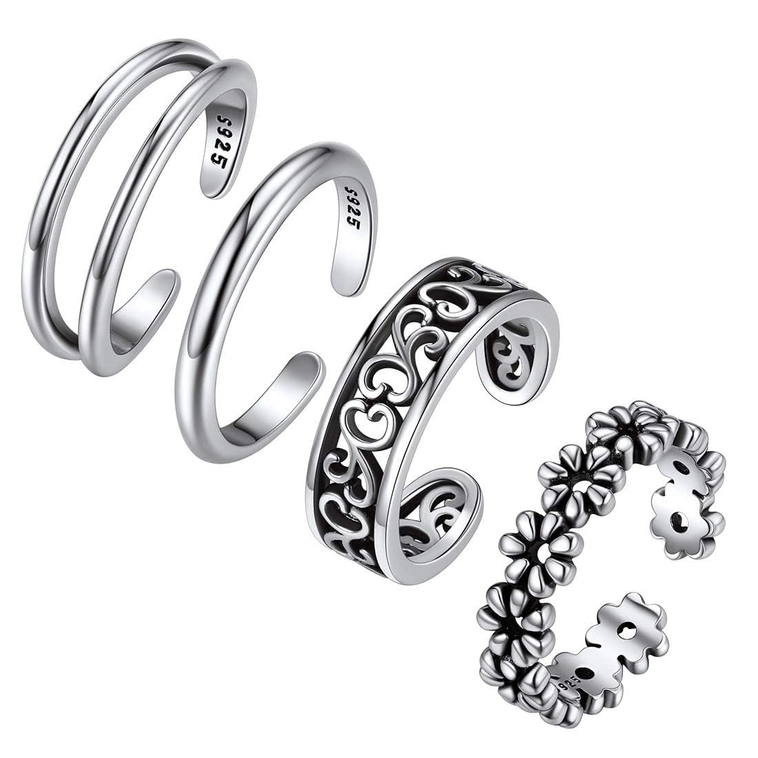 ChicSilver Adjustable Toe Rings 4 Pcs/Set - Open Ring Set for Women - Beach Jewelry 925 Sterling Silver