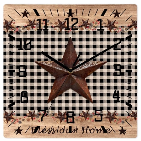Texas Star Plaid Wooden Wall Clock Silent Non Ticking, Farmhouse Black Brown Texas Vintage Square