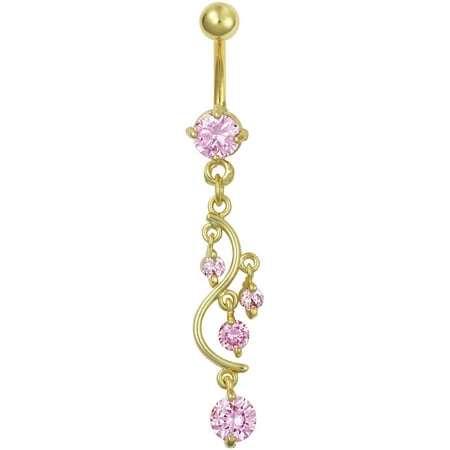 Multi Stone Dangle - 14kt Gold Plated Surgical Steel Fancy Pink CZ Crystal Vine Drop Multi Gem Dangle Belly Button Ring