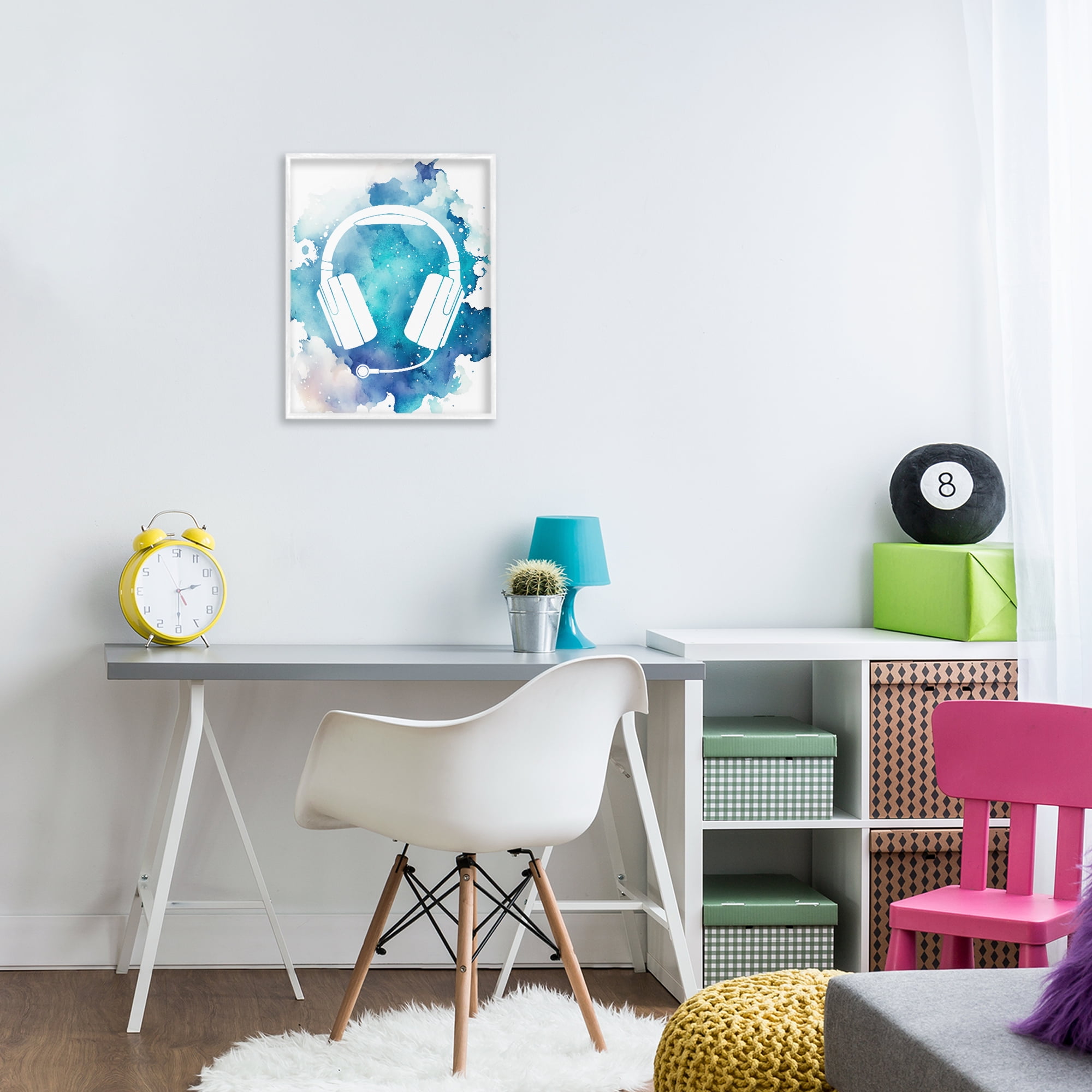 Blue Headphone Splatter White Framed Giclee Art, design by Marcus Prime