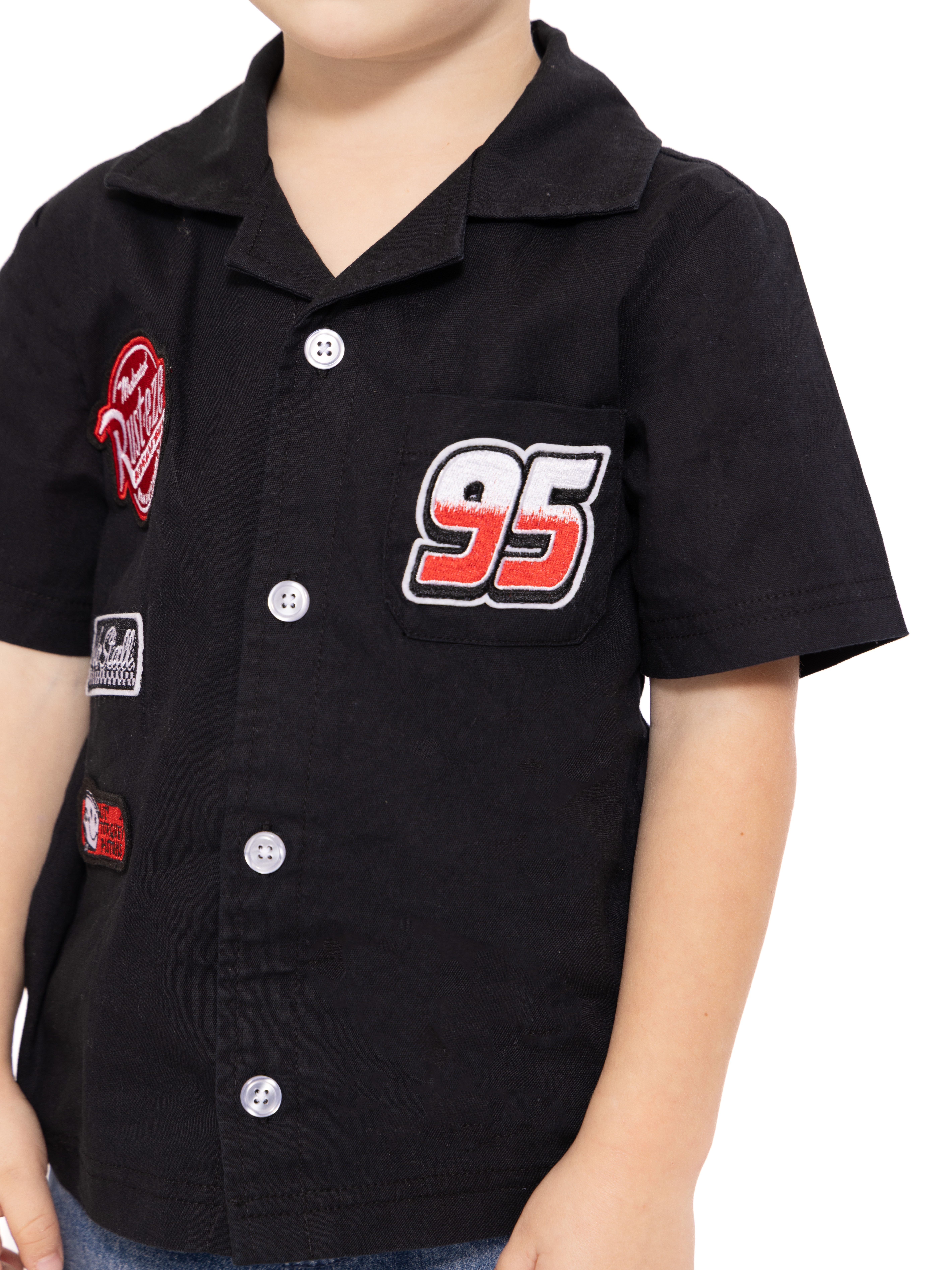 Disney Pixar Cars Toddler Boys Short Sleeve Cotton Button Down Shirt with Patches, Sizes 12M-5T