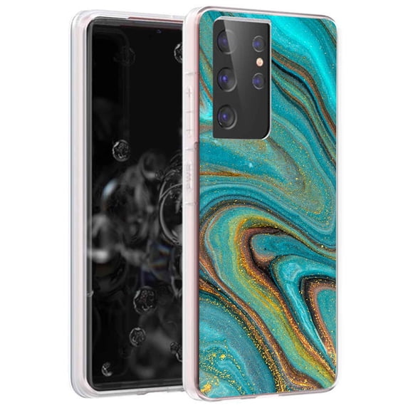TalkingCase Slim Phone Case for Samsung Galaxy S21 Ultra 5G, S30 Ultra, (Not S21,S21+), Gold Blue Marble Print, Lightweight,Flexible,Soft, USA