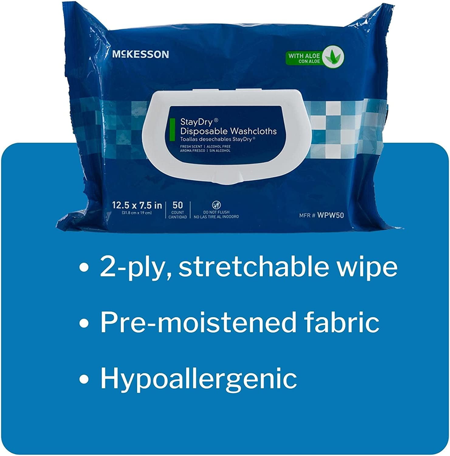Disposable Wipes or Washcloths for Adults with Aloe, Incontinence, Alcohol-Free, 50 Wipes, 12 Packs, 600 Total
