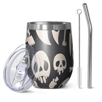 12oz Stemless Wine Tumblers Black Halloween Spooky Elements Vacuum Insulated Stainless Steel Travel Tumbler Cups Mug with Lid and Straw for Champaign,Cocktail,Beer with Cleaning Brush
