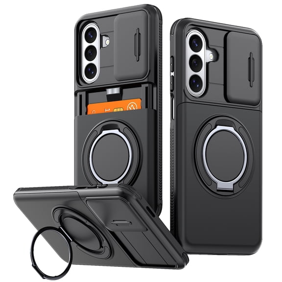 Dteck Rugged Phone Case with Card Holder Camera Cover and Ring Kickstand for Samsung Galaxy A57 5G,Black