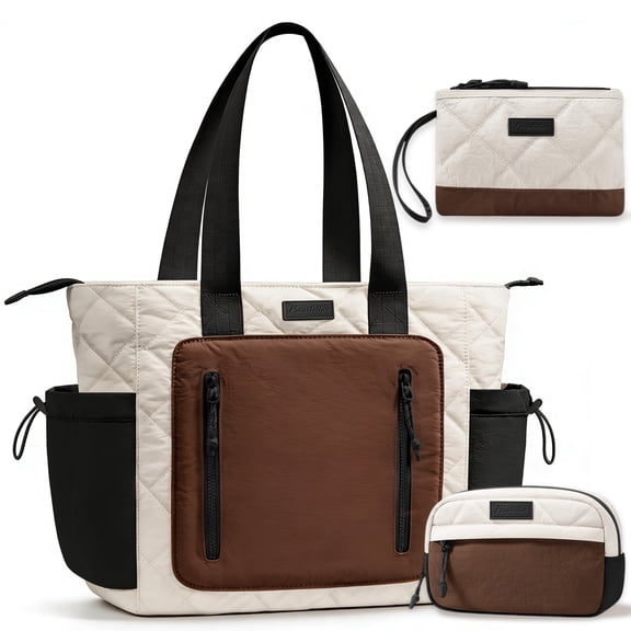 Tote Bag for Women, Lightweight Quilted Handbags with Compartments, Puffer Tote Bag for Work Travel Nurse School Daily Travel Gym (Cream & Brown)