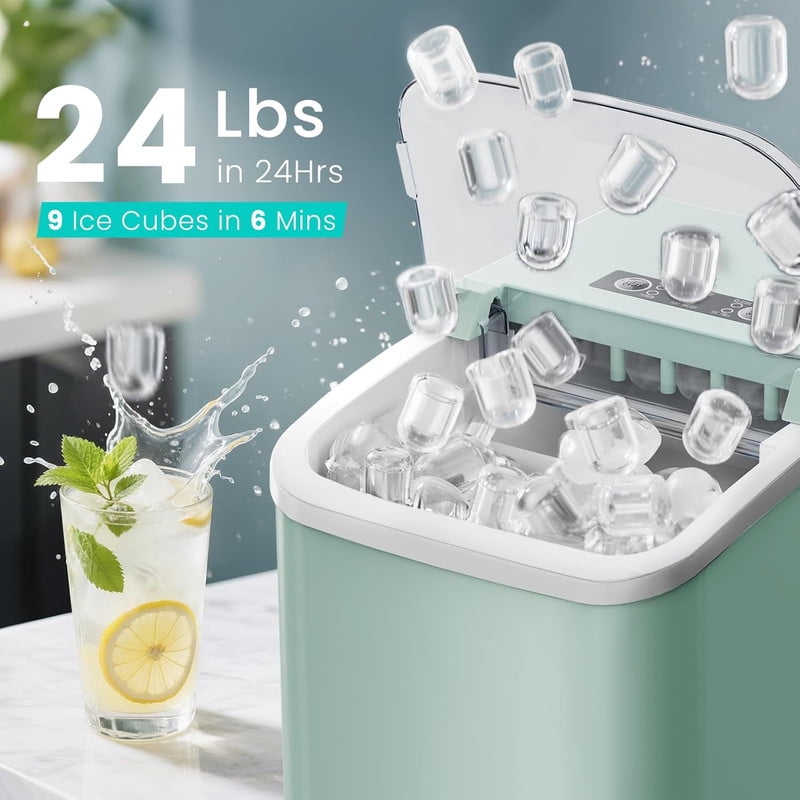 Simenmax Portable Ice Maker, Countertop Ice Machine with Handle & Basket, Compact for Home, RV, Camping, Parties – Green