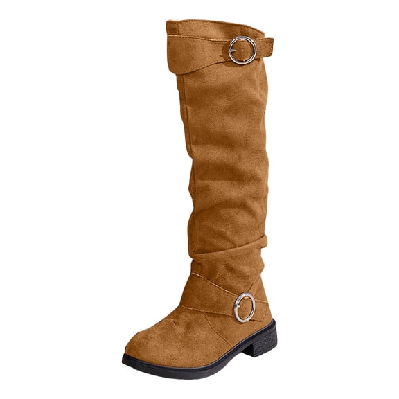 YLYL Women Suede Knee High Boots Wide Calf Round Toe Chunky Heel Fall Winter Western Riding Boots