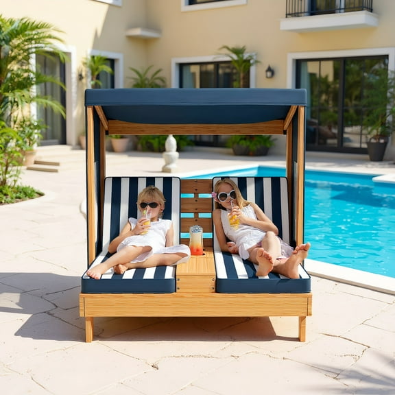 Resenkos Kids Patio Lounge Chair with Cup Holders and Awning-Navy, Kids Chairs for Kids