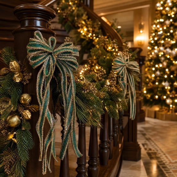 Hovilon 2pcs Christmas Wreath Bows, Green Polyester Ribbon Decoration for Front Door Tree Topper Wall Party Supply, Durable Holiday Bow for Indoor Outdoor Home Garden New Year Eve Decoration