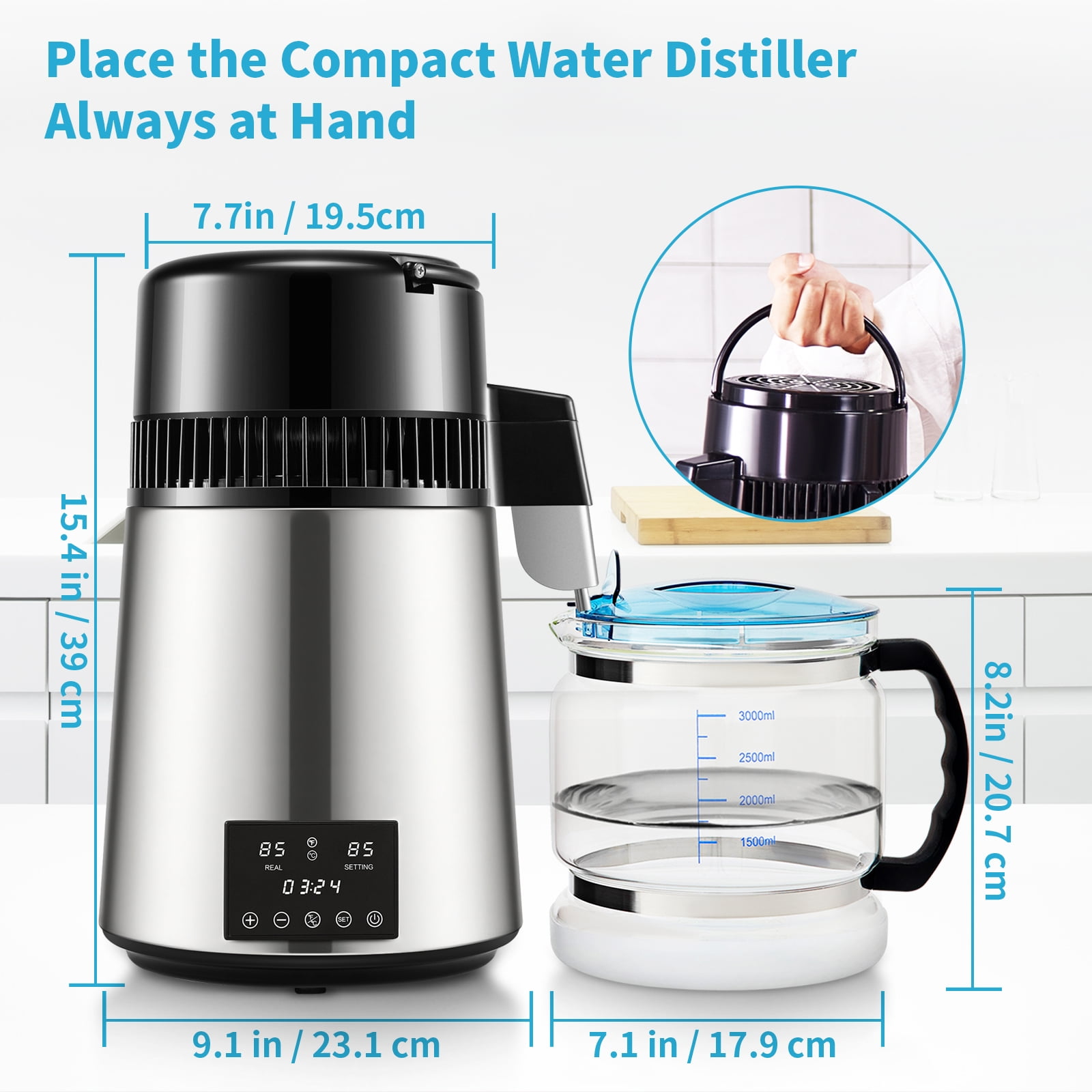 BENTISM 4L 750W Water Distiller with Dual Temp Display & Glass Carafe, Silver